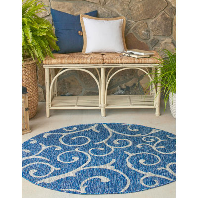 Round Abstract Machine Made Power Loom 13' Polypropylene Indoor Area Rug In Deep Sea