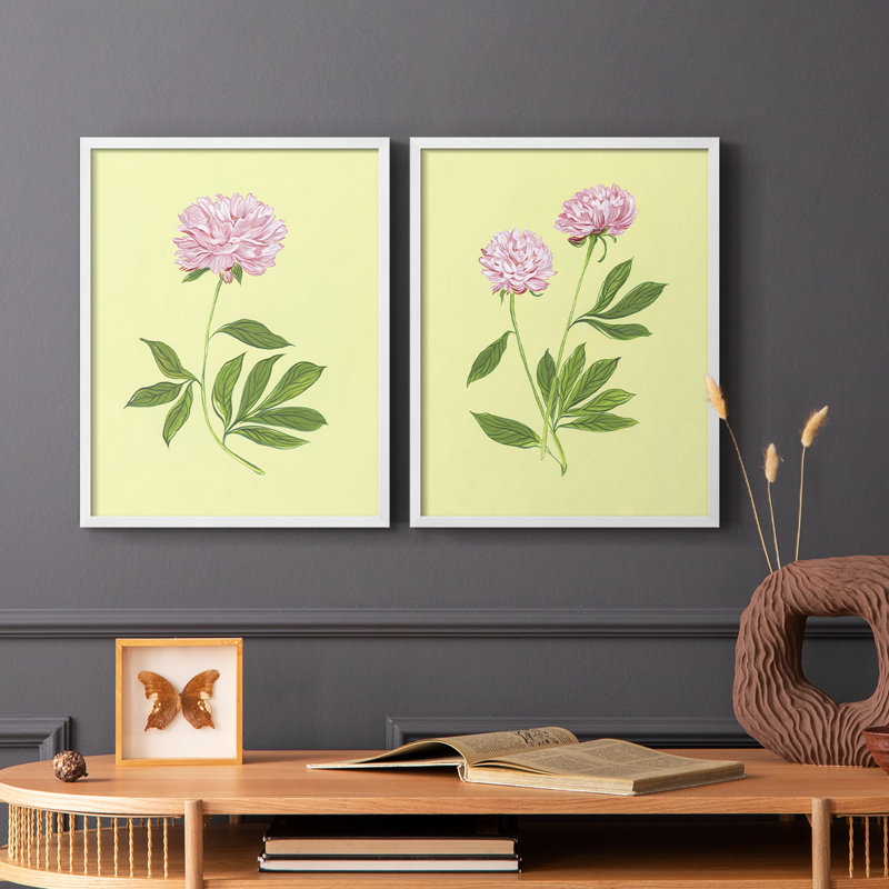 Pivoines en jaune I - reproduction encadrée de qualité supérieure - prête à être accrochée - aucun clou requis - aucun clou requis