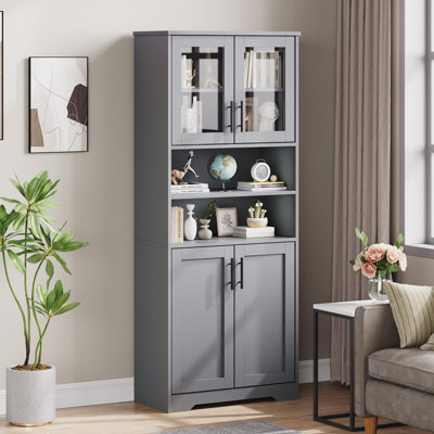 67-Inch Storage Cabinet with Glass and Wood Doors - Cupboard with 6 Adjustable Shelves for Kitchen Pantry, Living Room or Bathroom