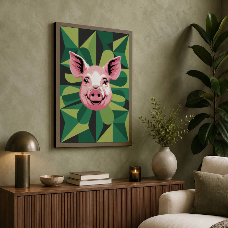 Cheerful Pig Mandala Modern - Wrapped Canvas, 30x20 - 76.2 x 50.8 cm, Taupe Border