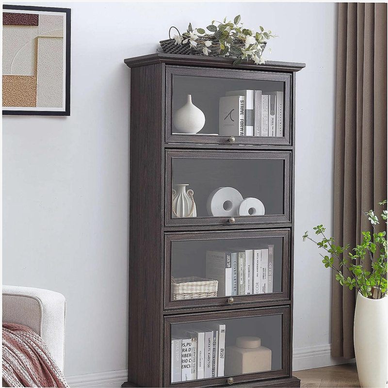 Glass display cabinet 4 Tier Glass Display Cabinet Storage Curio Cabinet with Flip up Glass Doors, Brown