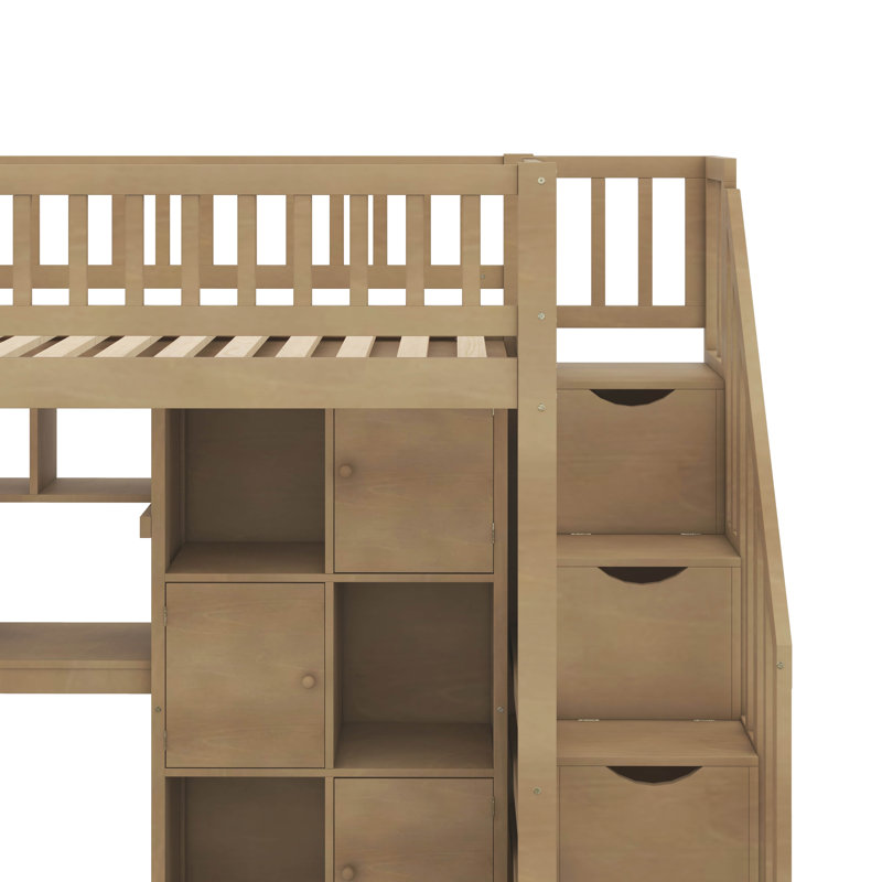Wooden Twin Size Elevated Bed Featuring Desk, LED Lights, Storage Racks, Walnut