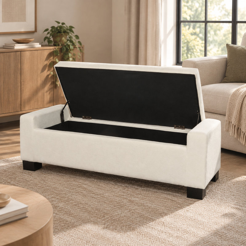 Banc de rangement rectangulaire avec repose-pieds, tissu blanc 50 pouces avec couvercle à charnières