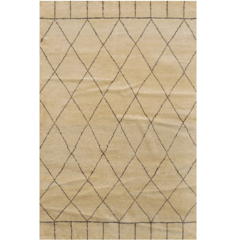 Tapis marocain ivoire en laine noué à la main de conception unique 5 pi 1 po x 7 pi 10 po Lues