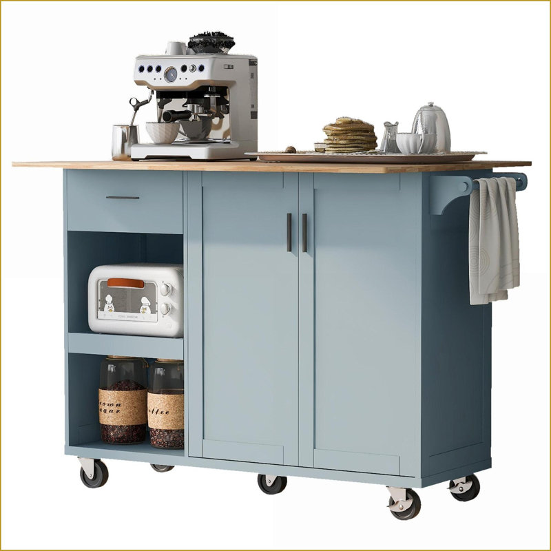 Îlot de cuisine avec comptoir pliable Rangement | Bois d'hévéa gris ardoise et bleu Panneau de fibres à densité moyenne | Moderne | Moyen (40 à 55 po)
