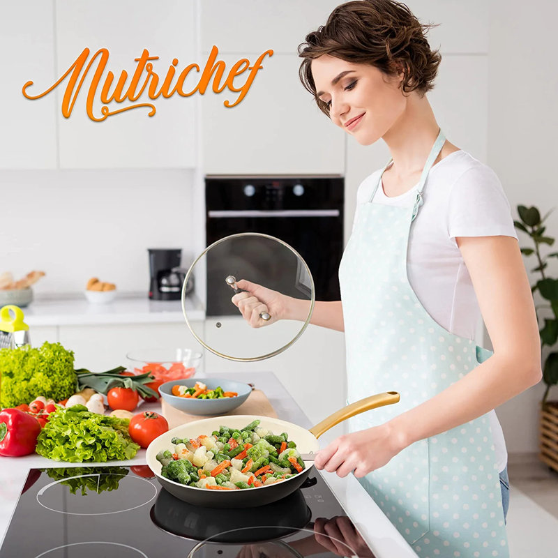 NutriChef 12" Golden Titanium Handle Ceramic Fry Pan