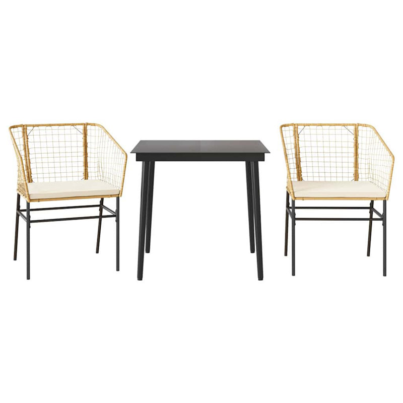 Patio Dining Set With Cushions Poly Rattan Glass, 29.1" H x 31.5" W x 31.5" L, White/Brown, 2