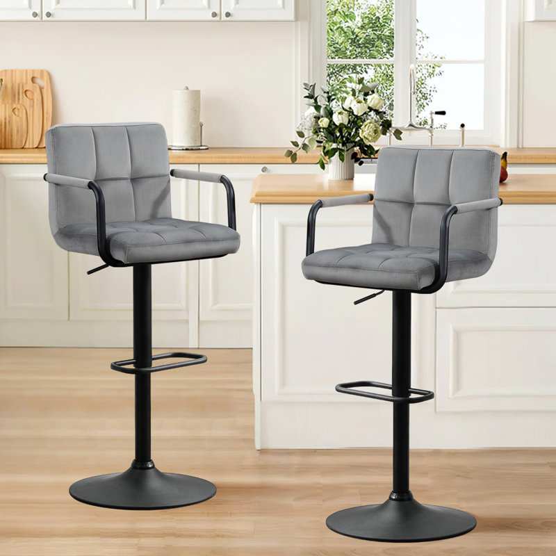 Damiah Crosdy Adjustable Height Swivel Upholstered Velvet  Barstool with Metal Frame, Dark Gray