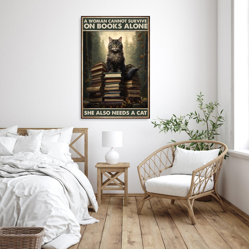Sur les livres, elle a aussi besoin d'un chat - Rectangle sur les livres, elle a aussi besoin d'un chat, impression sur toile