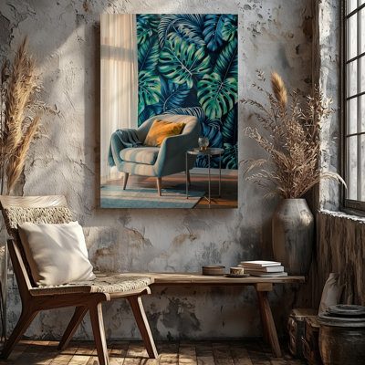 Toile, "Un espace de vie confortable", art mural orné d'un fauteuil bleu pâle avec un coussin jaune moutarde et un jeté gris sur toile