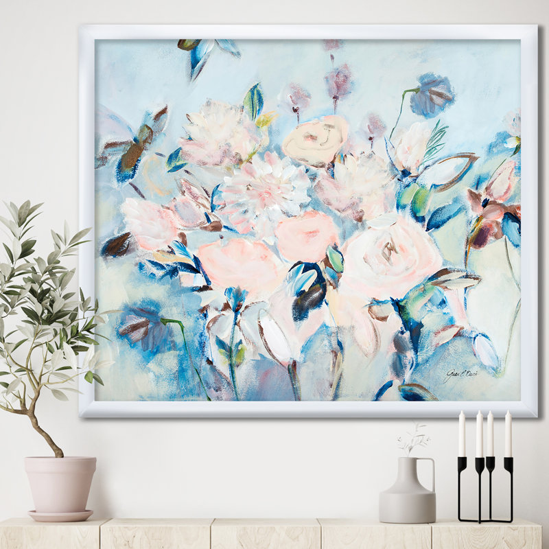 «Abstract Pink Flowers Farmhouse Waterpainting», reproduction sur toile encadrée, H 16 po x l 16 po x P 1 po, Cadre blanc
