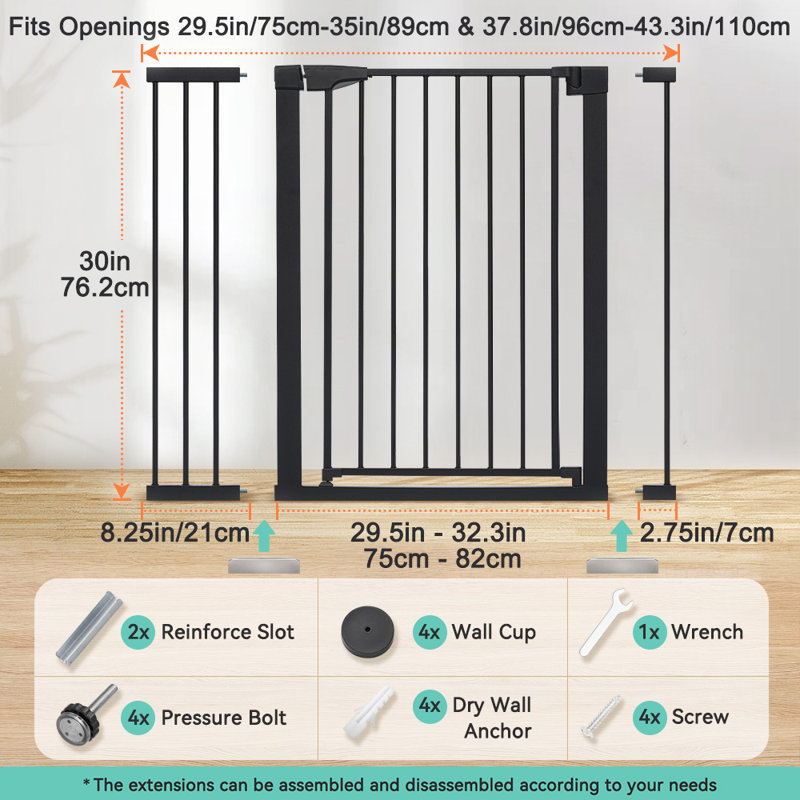 Barrière de sécurité à fermeture automatique H 30 po 29,5 po à 43,3 po très large, Noir