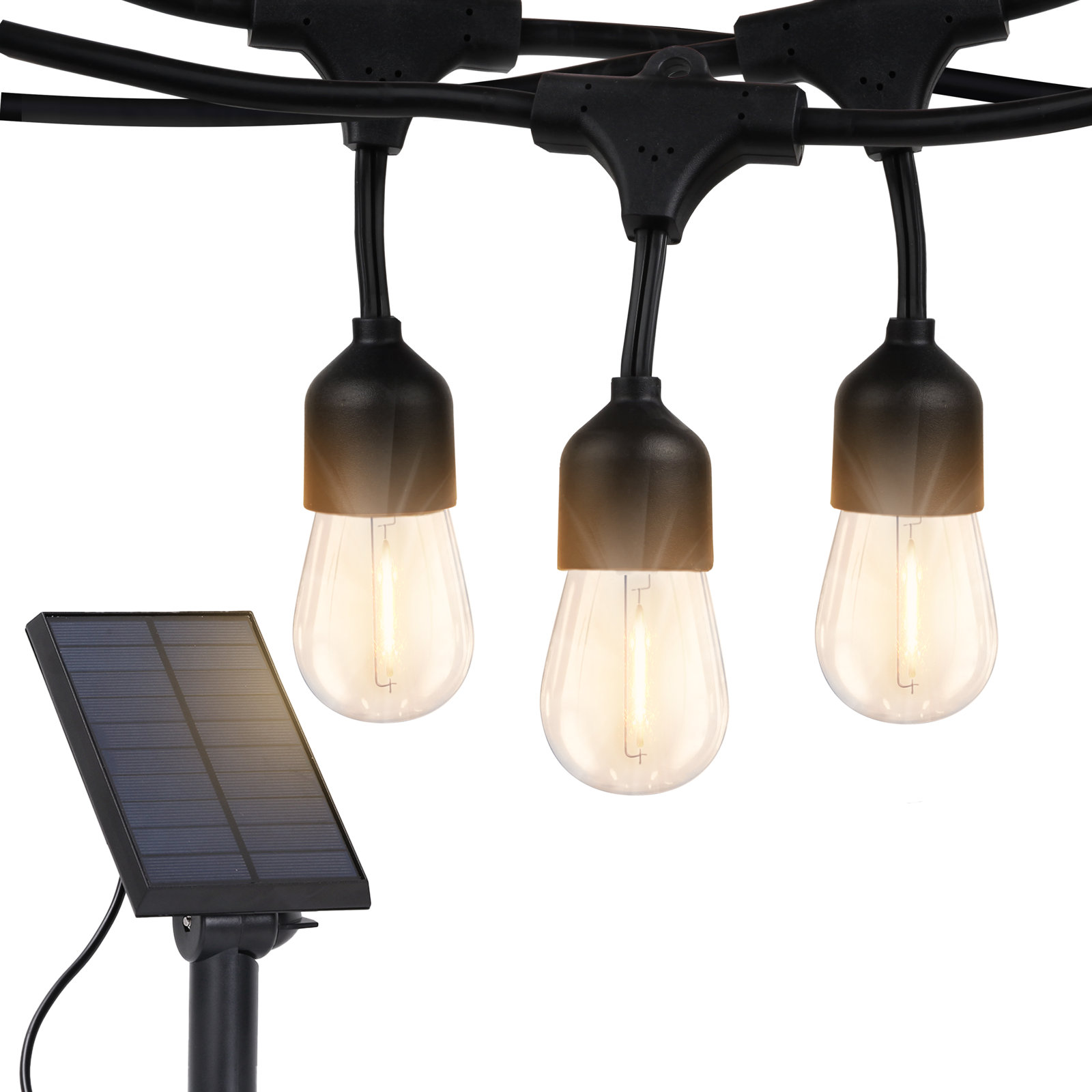 Ambience Pro 27 ft. Solar Outdoor Patio LED String Lights with 12 Warm White S14 Bulbs, 15 Hanging H