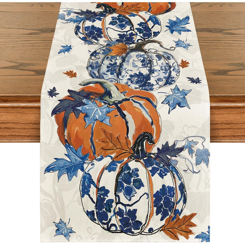 Chemin de table citrouille en porcelaine bleue et blanche à feuilles d'érable 210 g / m², décoration de table de salle à manger de cuisine pour la fête