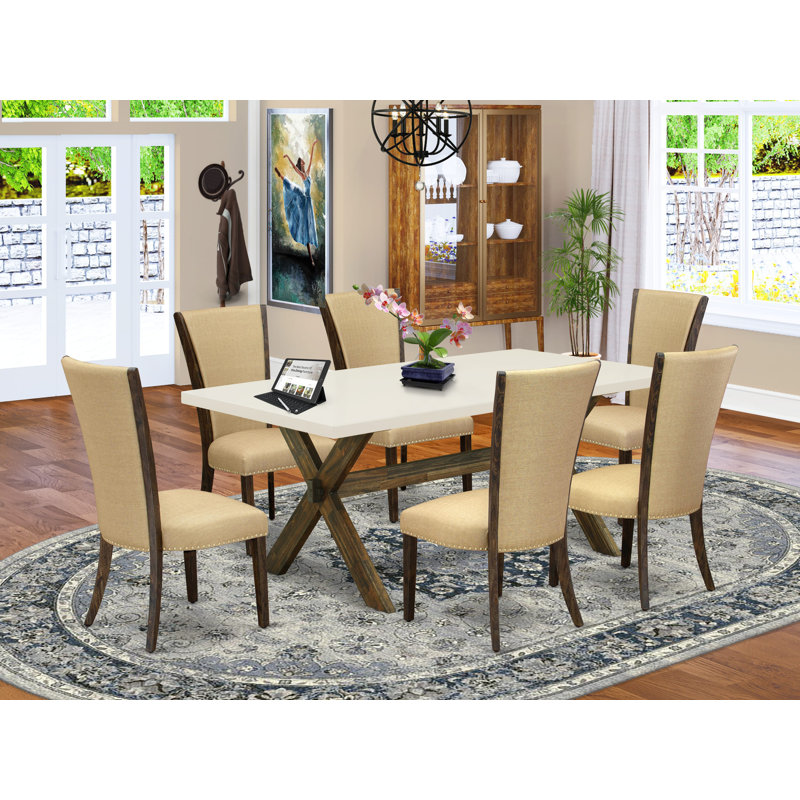 Ensemble de table de salle à manger 7 pièces 7 pièces Modernes, H 30 po x L 72 po x l 40 po, Blanc lin, Marron