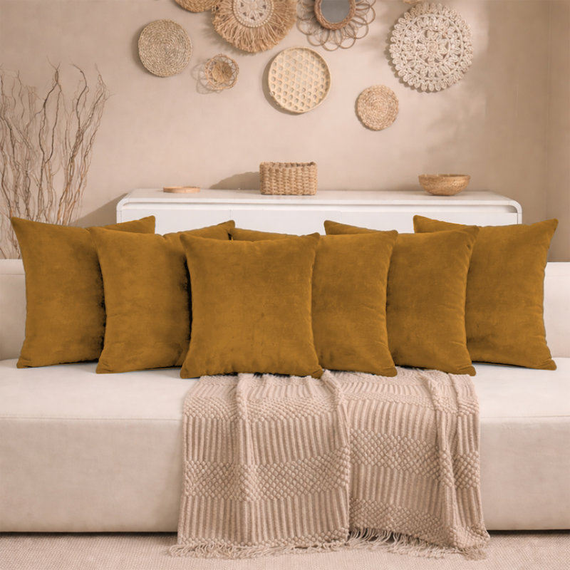 Aspire Homeware Square Plain Velvet Scatter Cushion Cover, Ochre, Pack of 6