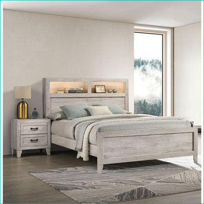Ensemble de meubles de chambre à coucher 3 pièces grand lit avec tablette de tête de lit et amp; Léger, blanc délavé | Lits pour bibliothèque | Bois d'ingénierie