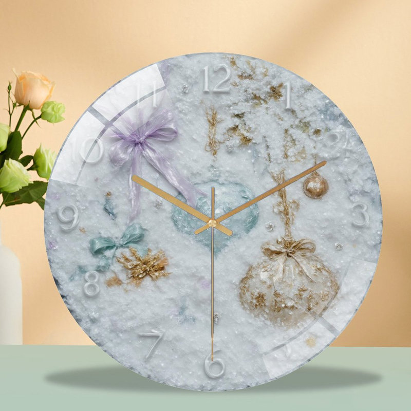 Hiver-Horloge-Visage-avec-ornements Art - Horloge murale moderne en verre 12 po