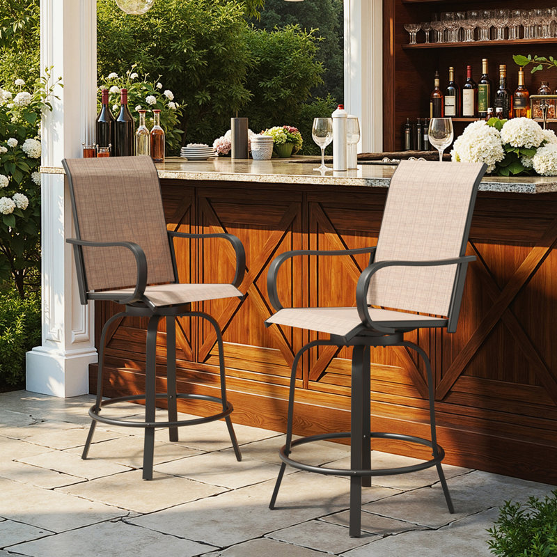 Patio Swivel Texteline Quick-dry Foam Non-Padded Outdoor Bar Stools with High Back, Brown