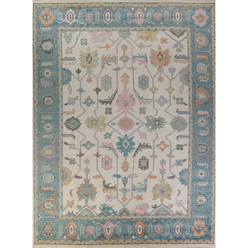 Tapis indien ivoire et bleu à motif floral Oushak 12 x 14