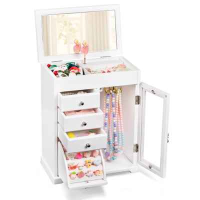 Wooden Musical Jewelry Box for Girls, 5 Layer Large Storage Music Box with Rotating Ballerina, Mirror & Drawers,White