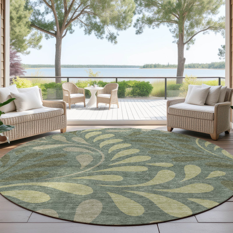 Machine Washable Indoor/Outdoor Lanphear ACN2411 Botanical Rug, Round 8'