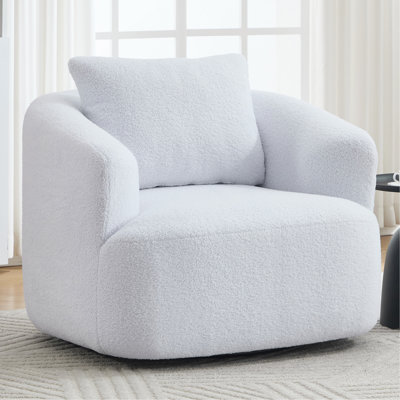 Fauteuil rembourré rond pivotant à 360 ° avec un oreiller moelleux, canapé en éponge à haute résilience en molleton Teddy, sans assemblage pour le salon, la chambre à coucher, la vie en appartement, blanc