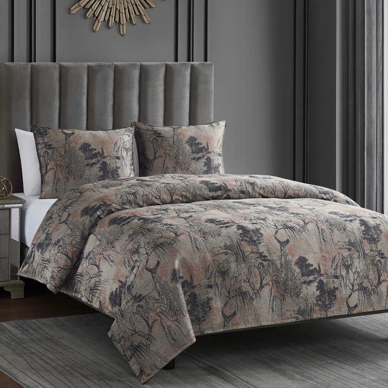 Pastoral Jacquard Metallic Floral Abstract Pattern Modern Contemporary 3 Piece Duvet Cover Set, Rose Gold