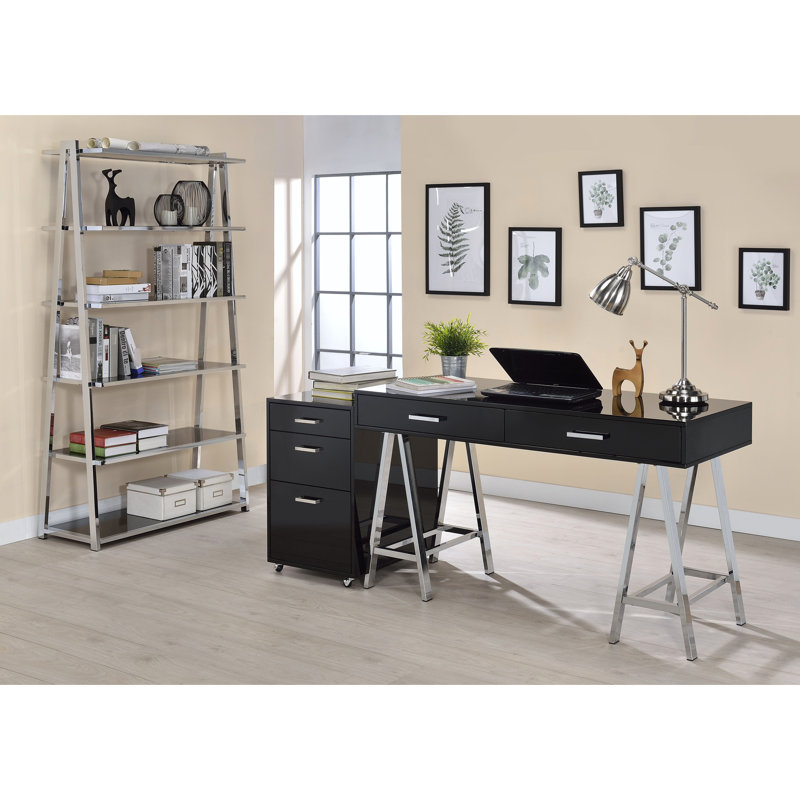 Rectangular Writing Desk With 2 Drawers, Black High Gloss And Style Modern Study Table 2 Compartment,