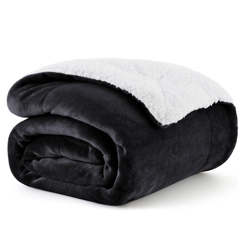 Sanborn Soft Reversible Sherpa Fleece Fur Thick Blanket Throw, Black, 200cm x 240cm