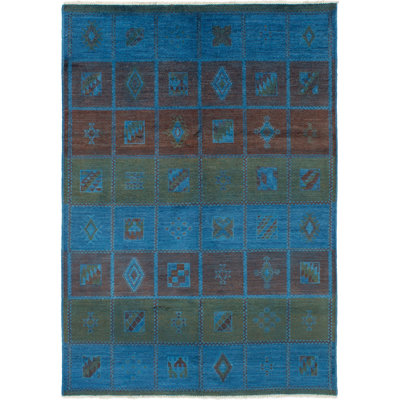 Tapis unique en laine noué à la main de style transitionnel bleu / orange / rouge des années 2010 de 6 pi 4 po x 9 pi Arcella