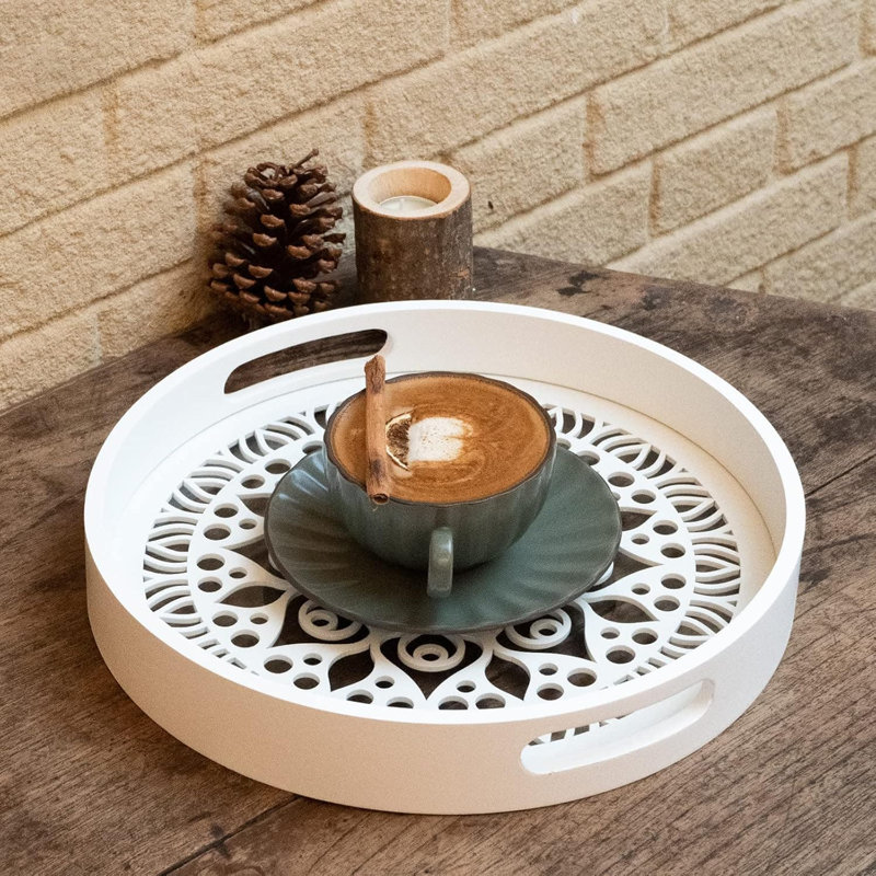 12" Round White Wooden Decorative Tray with Handles – Serving & Decor for Coffee Table, Ottoman, Counter