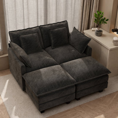 George 57" Upholstered Chenille L Shaped Sectional Loveseat Sofa with Two Ottomans