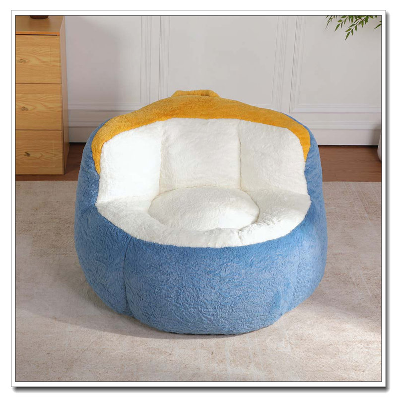 Fauteuil à billes en fausse fourrure, aucun assemblage requis, Tissu bleu / blanc / jaune