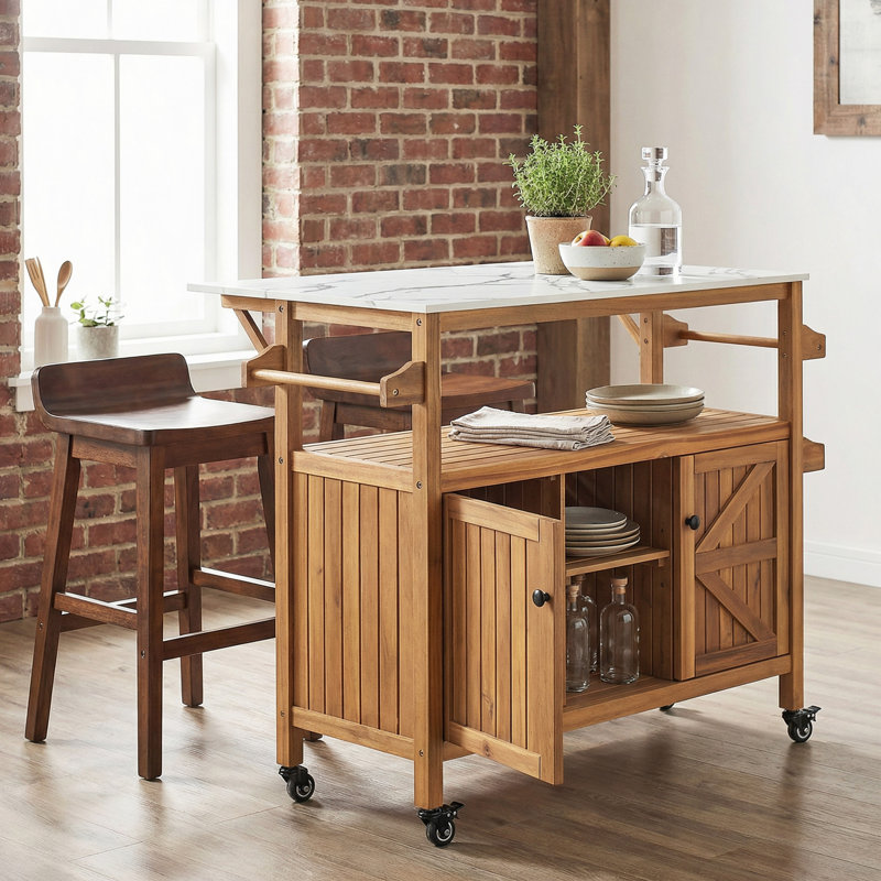 Ensemble de 1 chariot d'extérieur pour terrasse en bois d'acacia, H 36,22 po x l 48 po x P 16 po