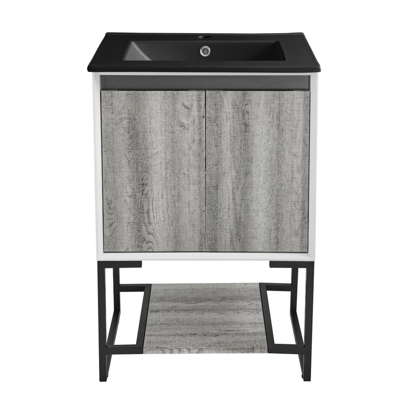 Meuble-lavabo 24 po Marseille, Chêne gris, Noir mat