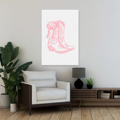 Pink Cowgirl Boots with Bow Bold Minimalist Modern Coastal Wall Art Print