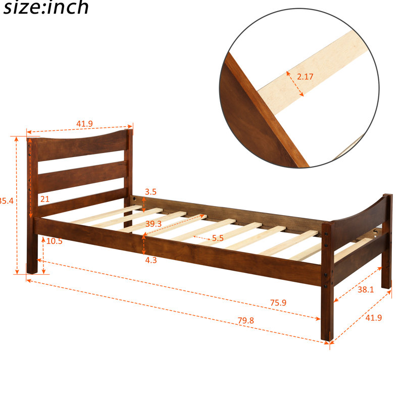 Lit simple en noyer avec tête de lit et plateforme à lattes en bois de noyer