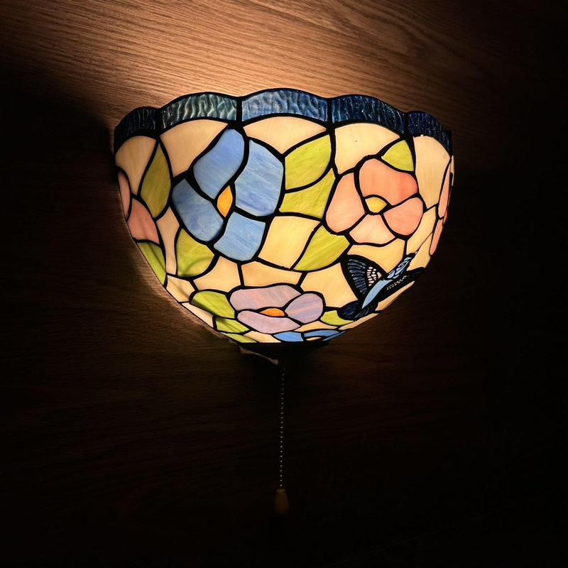 Kaycee Tiffany Sconces Lamp Blue Pink Stained Glass Half Moon Hummingbird Flowers Pull Chain Switch LED Bulb 12"W*6"D*7"H