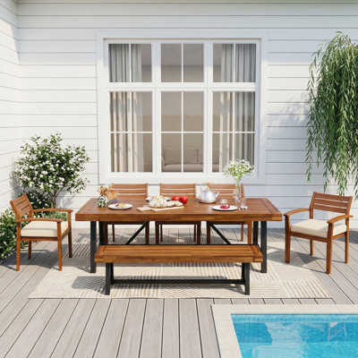7-Piece Solid Acacia Wood Outdoor Dining Set with Cushions, Seats 8, Easy-Storage Bench & Chairs