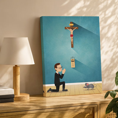 Toile, scène de dessin animé représentant un homme dans un costume noir, art mural et verres à genoux en prière sur un plancher en bois simple pour art mural moderne sur toile