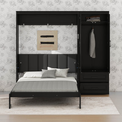 Grand lit escamotable horizontal avec tiroirs de rangement et lit escamotable multifonctionnel avec garde-robe et tête de lit tapissier