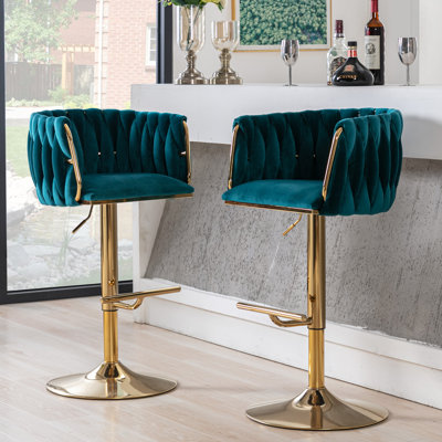 Swivel Adjustable Height Bar Stool Modern Velvet Barstool with Barrel Back Kitchen Island Counter Bar Chair with Golden Base