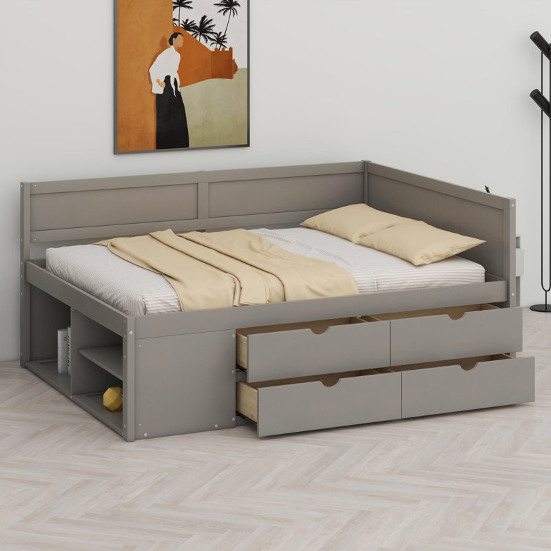 Lit de jour avec tiroirs et tablettes, Gris