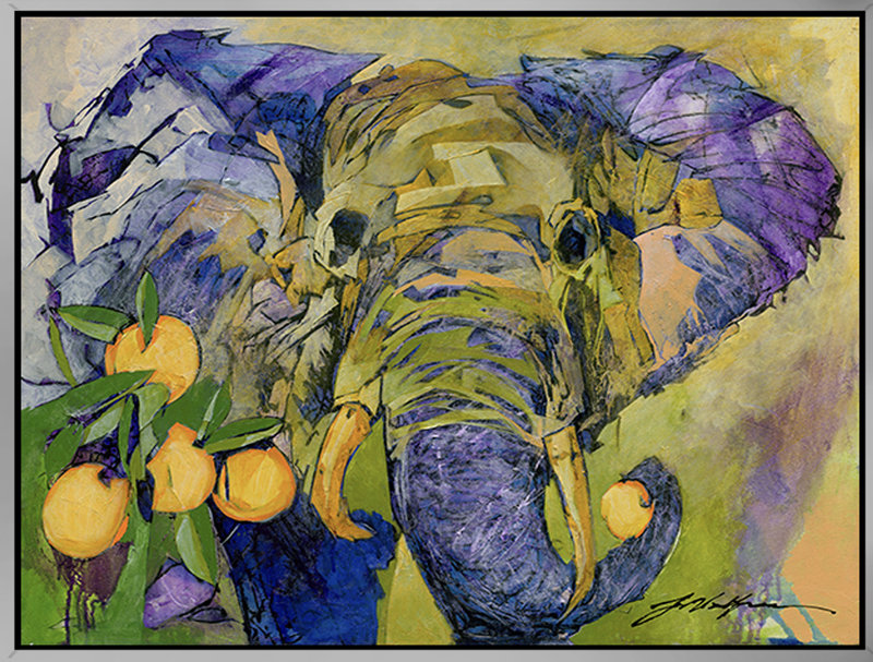 Elephant And Oranges by Yuval Wolfson Wall Art Canvas Painting Signed And Numbered Framed And Ready To Hang Size: 30x24.