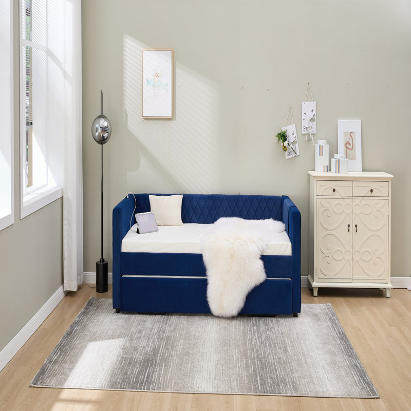 Navy Velvet Daybed with Sturdy Wooden Frame, Modern Diamond Grid Pull-Out Design for Versatile Home Use, Navy