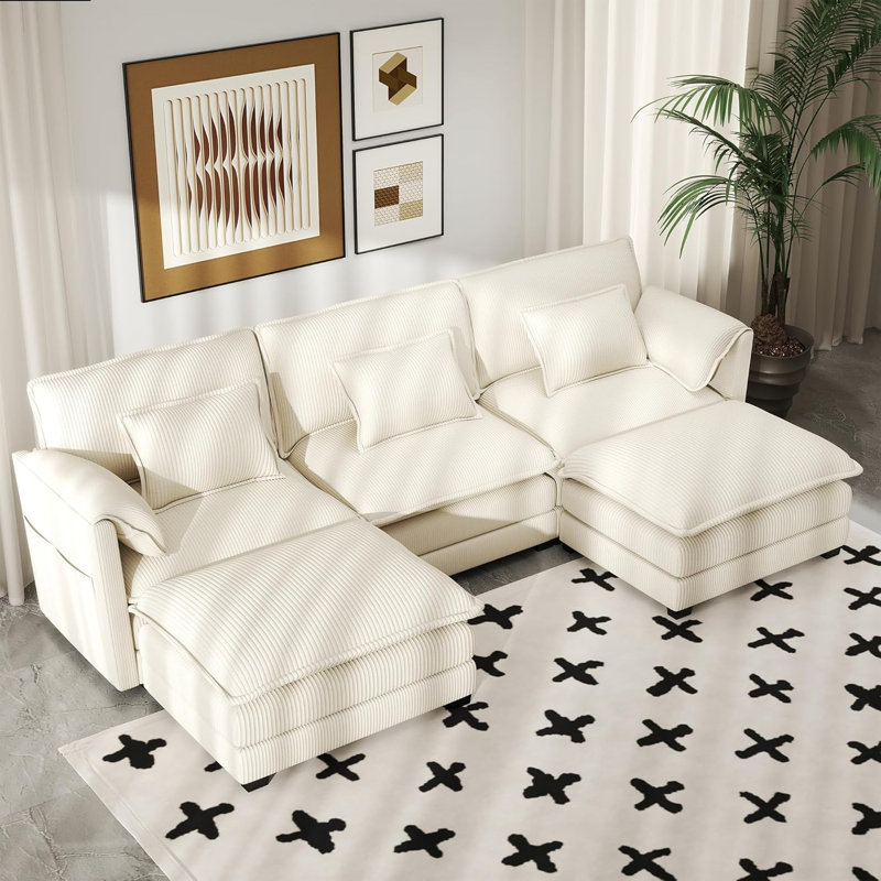 Canapé modulaire en U 145 po avec repose-pieds et coussins, White Corduroy