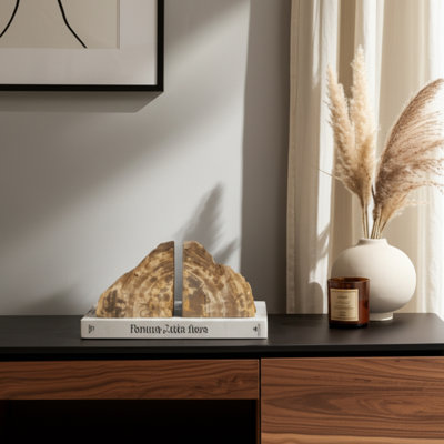 Modern Decorative Book Ends for Shelf Decor and Bookshelf Decor – Stylish Home Decor Bookends for Office or Living Room Display – Natural Grain Wood Accent for Organizing Books – 6", Brown