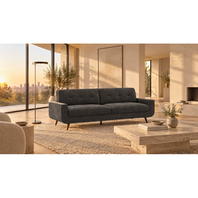 Mid-Century Modern Button-Tufted Sofa in Charcoal, Charcoal
