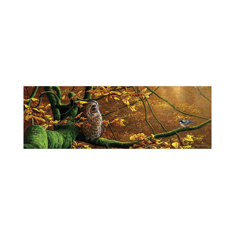 Mobbed - Hibou fauve et mésange charbonnière, H 16 po x l 48 po x P 1,5 po